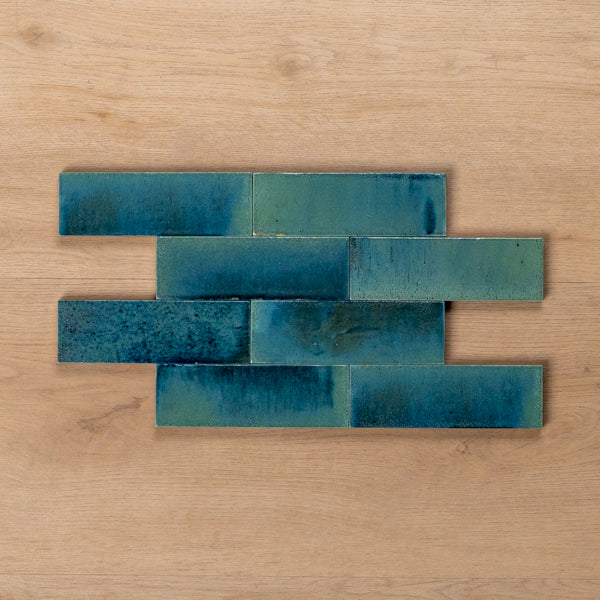 Sicily Turchese Blue Gloss Cushioned Edge Porcelain Tile 50x150mm Brick Pattern - The Blue Space