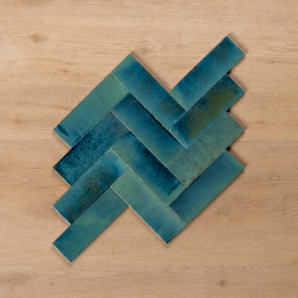 Sicily Turchese Blue Gloss Cushioned Edge Porcelain Tile 50x150mm Herringbone Pattern - The Blue Space