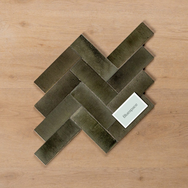 Sicily Grigio Charcoal Gloss Cushioned Edge Porcelain Tile 50x150mm Herringbone Pattern - The Blue Space