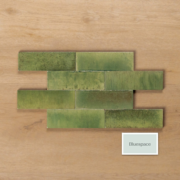 Sicily Giada Green Gloss Cushioned Edge Porcelain Tile 50x150mm Brick Pattern - The Blue Space