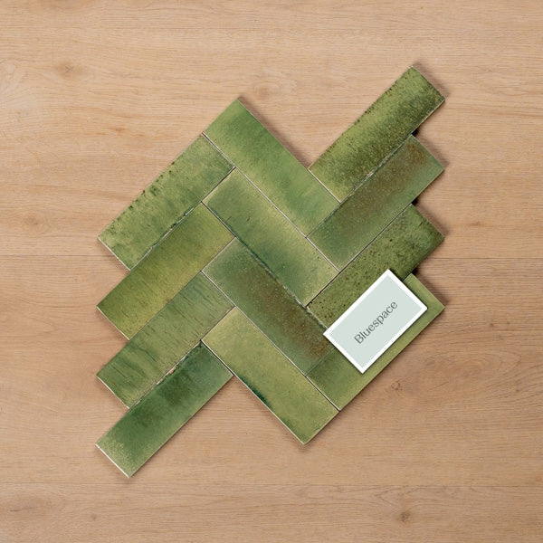 Sicily Giada Green Gloss Cushioned Edge Porcelain Tile 50x150mm Herringbone Pattern - The Blue Space