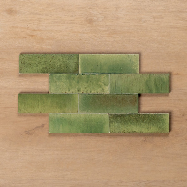 Sicily Giada Green Gloss Cushioned Edge Porcelain Tile 50x150mm Brick Pattern - The Blue Space