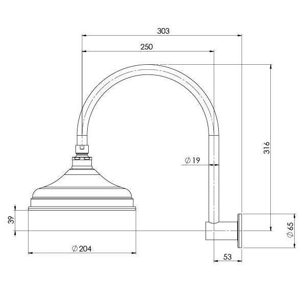 Technical Drawing - Phoenix Nostalgia Vintage Shower Arm & Rose - Antique Black