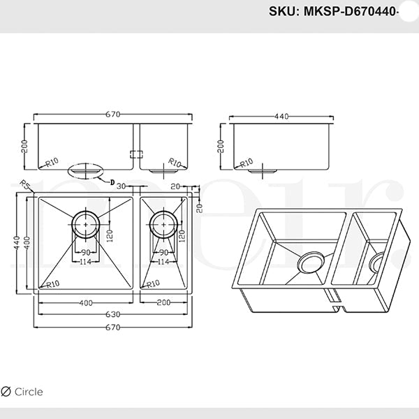 Meir Double Bowl PVD Kitchen Sink 670mm - Brushed Bronze Gold - Dimension