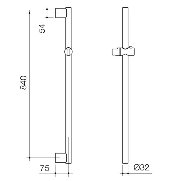 Technical Drawing: Opal Support VJet Shower Rail
