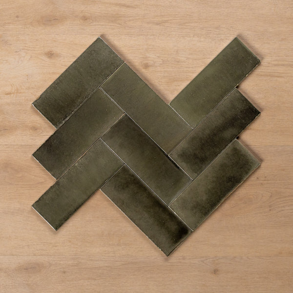 Sicily Grigio Charcoal Gloss Cushioned Edge Porcelain Tile 75x200mm Herringbone Pattern - The Blue Space