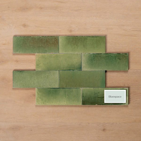 Sicily Giada Green Gloss Cushioned Edge Porcelain Tile 75x200mm Brick Pattern - The Blue Space