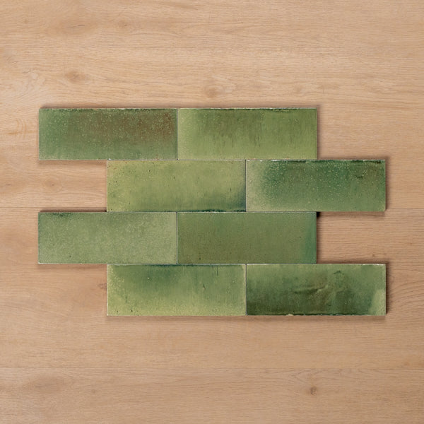 Sicily Giada Green Gloss Cushioned Edge Porcelain Tile 75x200mm Brick Pattern - The Blue Space