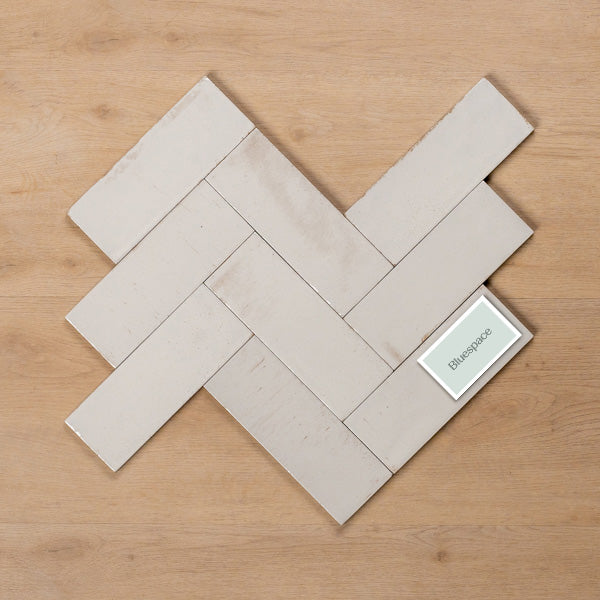 Sicily Bianco White Gloss Cushioned Edge Porcelain Tile 75x200mm Herringbone Pattern - The Blue Space