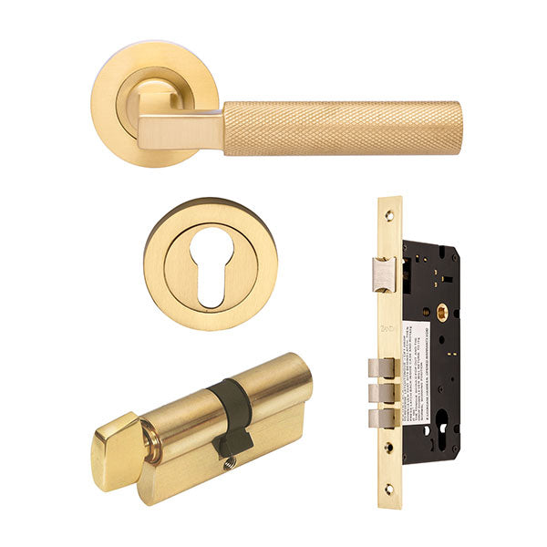 Zanda Zurich Entrance Set 60mm Cylinder (Key/Turn) Satin Brass - Kit Inclusions at The Blue Space