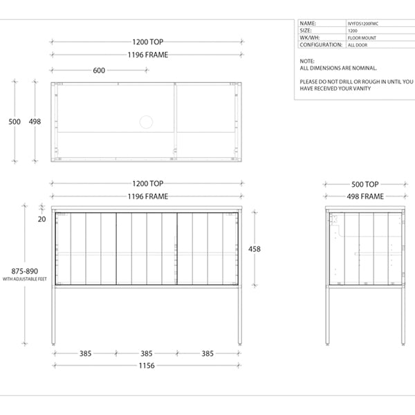 Technical Drawing - ADP Ivy Vanity 1200mm Centre Bowl
