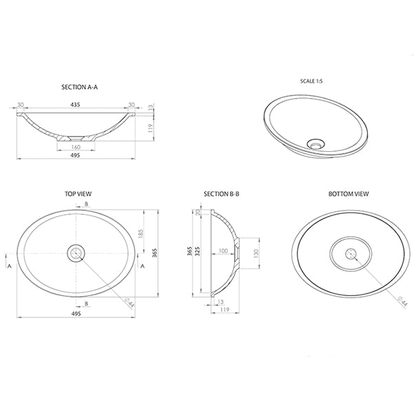 ADP Sincerity Solid Surface Under Counter Basin product line drawings
