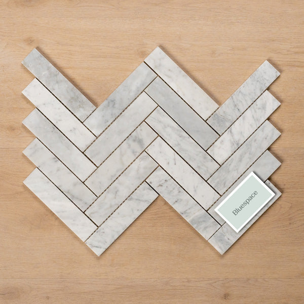 Sample of Cottesloe Carrara White Herringbone Honed Marble Mosaic Tile Double - The Blue Space