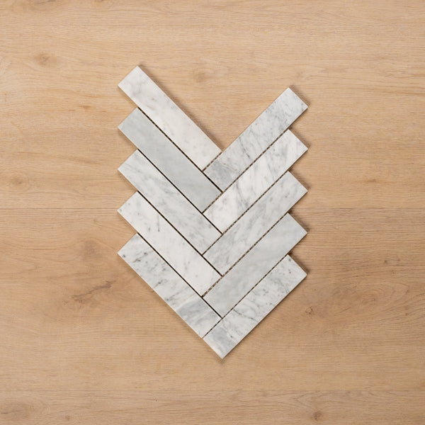 Cottesloe Carrara White Herringbone Honed Marble Mosaic Tile 35x150mm - The Blue Space