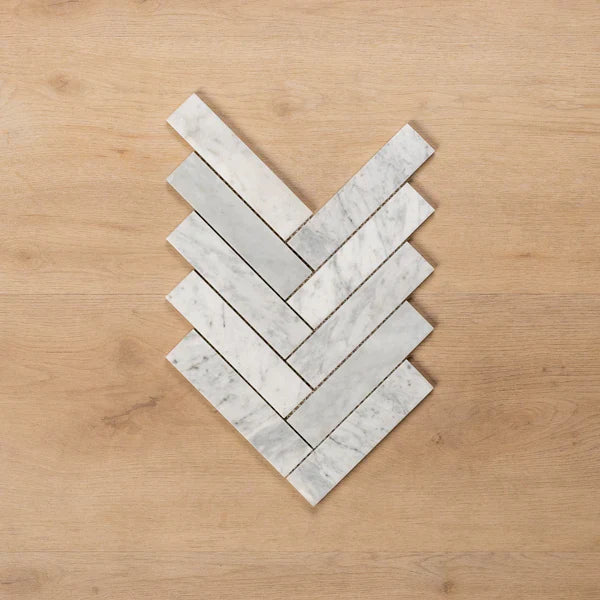Sample of Cottesloe Carrara White Herringbone Honed Marble Mosaic Tile - The Blue Space