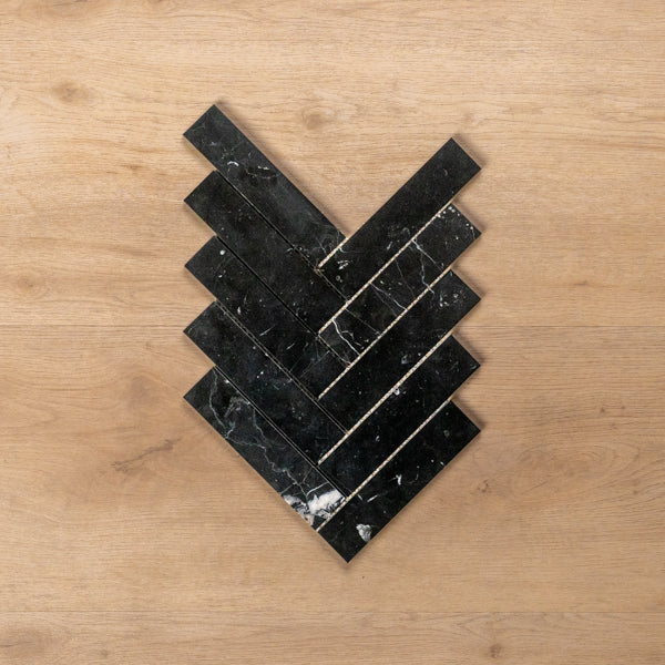 Sample of Cottesloe Nero Marquina Herringbone Honed Marble Mosaic Tile - The Blue Space