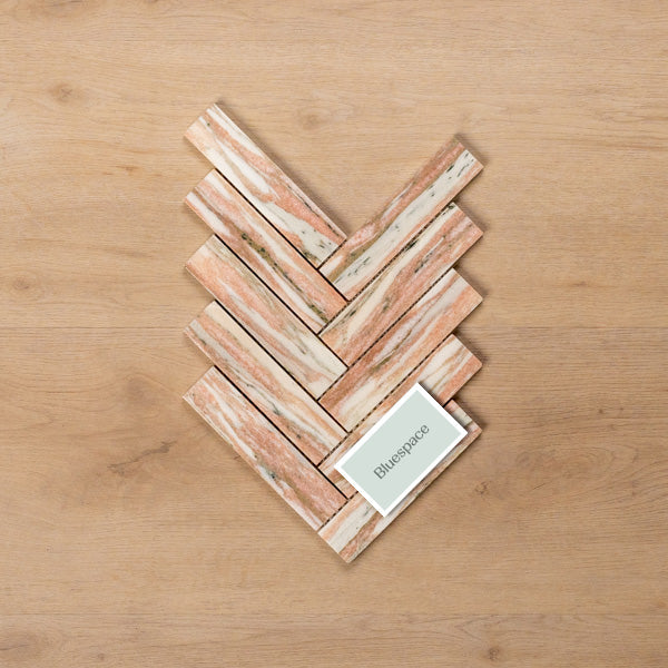 Sample of Cottesloe Norwegian Pink Herringbone Honed Marble Mosaic Tile - The Blue Space