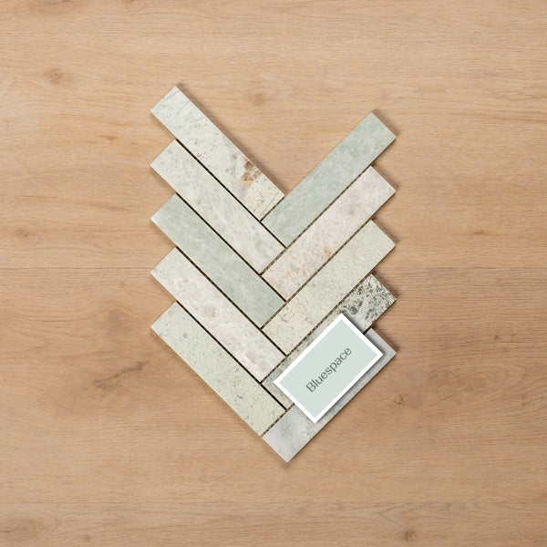 Sample of Cottesloe Ming Green Herringbone Honed Marble Mosaic Tile - The Blue Space