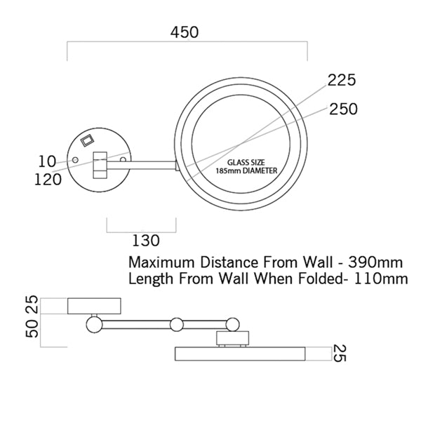 Thermogroup Ablaze Magnifying Mirror with Cool Light Technical Drawing - The Blue Space
