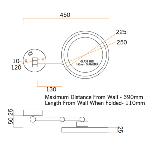 Thermogroup Ablaze 3x Magnification Mirror with Light Technical Drawing - The Blue Space