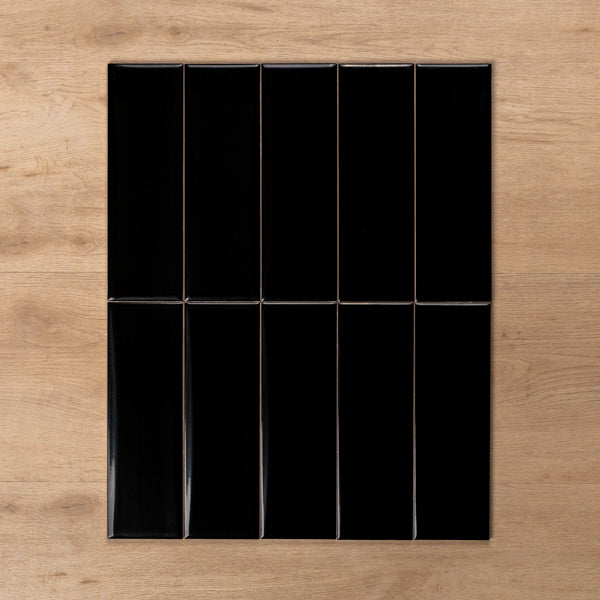 Coolum Black Gloss Cushioned Edge Ceramic Tile 82x257mm Straight Pattern - The Blue Space