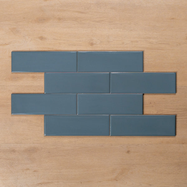 Coolum Blue Gloss Cushioned Edge Ceramic Tile 82x257mm Brick Pattern - The Blue Space