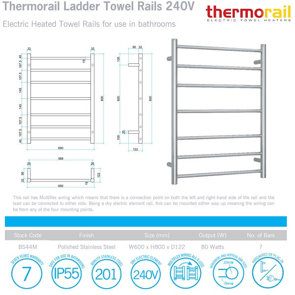 Technical Specification: Thermogroup 7 Bar Round Heated Towel Ladder 600w x 800h