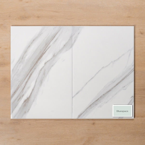 Perisher White Marble Gloss Cushioned Edge Ceramic Tile 300x450mm Double - The Blue Space