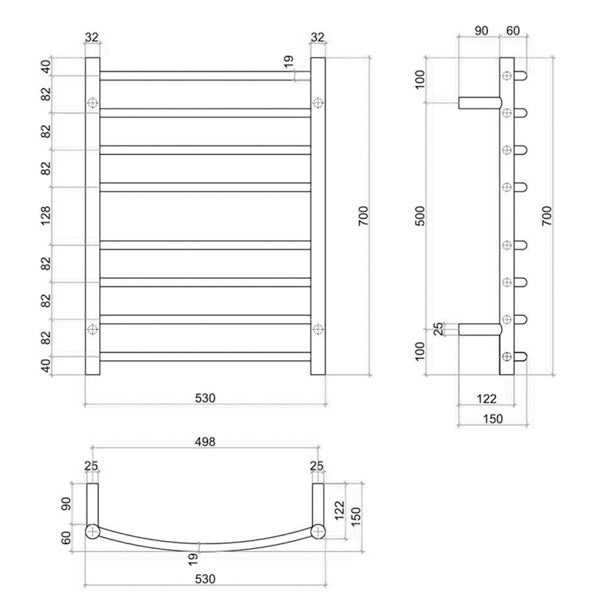 Thermogroup 8 Bar Thermorail Curved Heated Towel Ladder 530 x 700 x 150 Technical Drawing - The Blue Space
