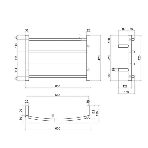 Thermogroup 4 Bar Thermorail Curved Heated Towel Ladder 600 x 420 x 150 Technical Drawing - The Blue Space