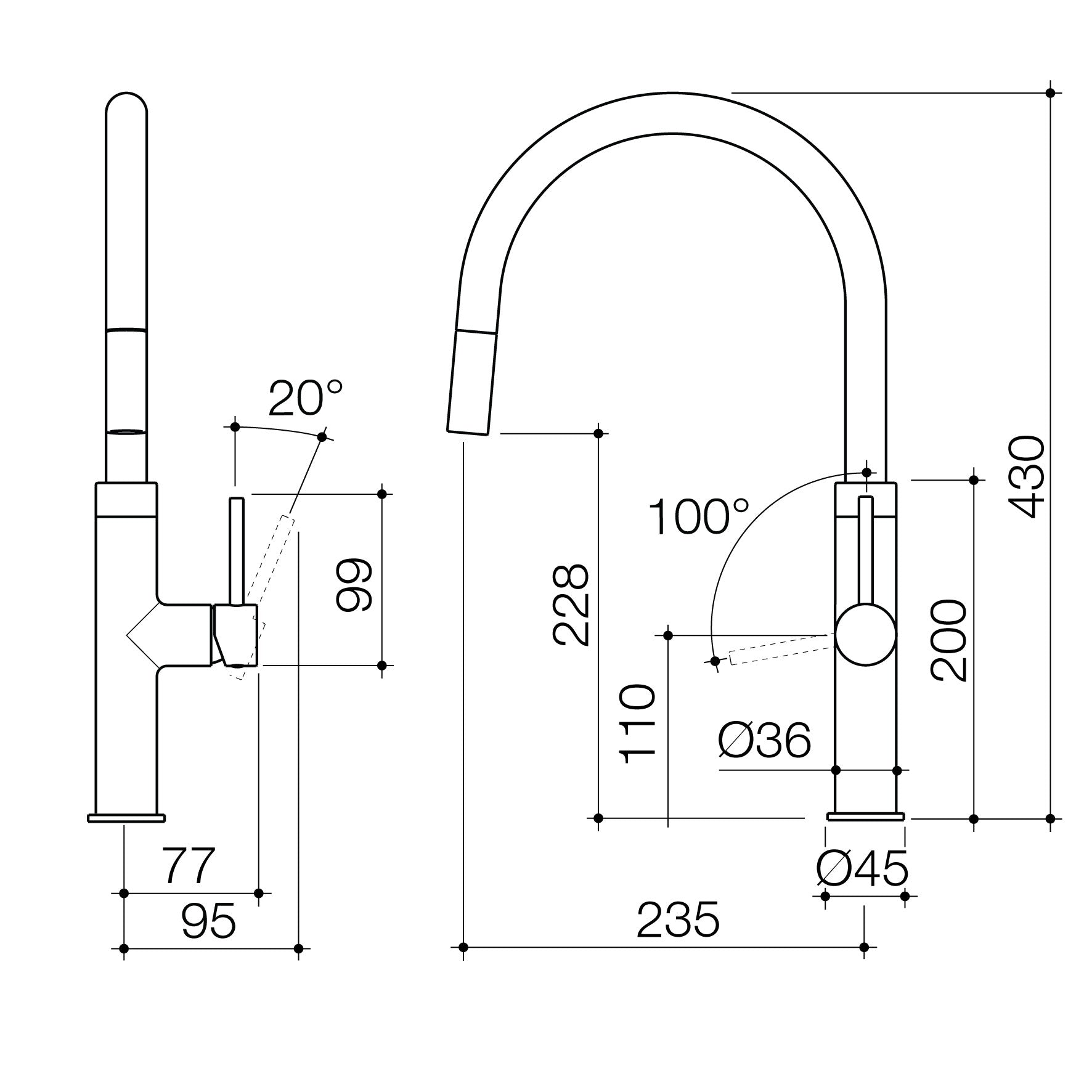 Technical drawing of Liano II Pull Down Sink Mixer by Caroma - The Blue Space