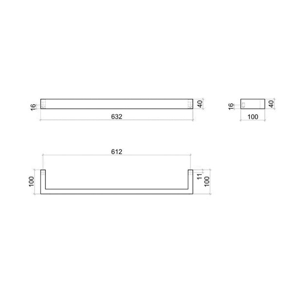 Thermogroup 12V Heated Towel Rail 632mm Matte Black Technical Drawing - The Blue Space