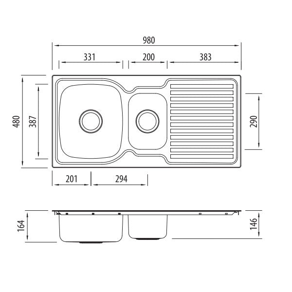 Oliveri Endeavour 1 & 1/2 bowl topmount sink drainer NTH Technical Drawing - The Blue Space