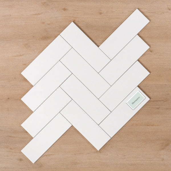 Wategos Gloss White 100x300mm Herringbone Pattern - The Blue Space