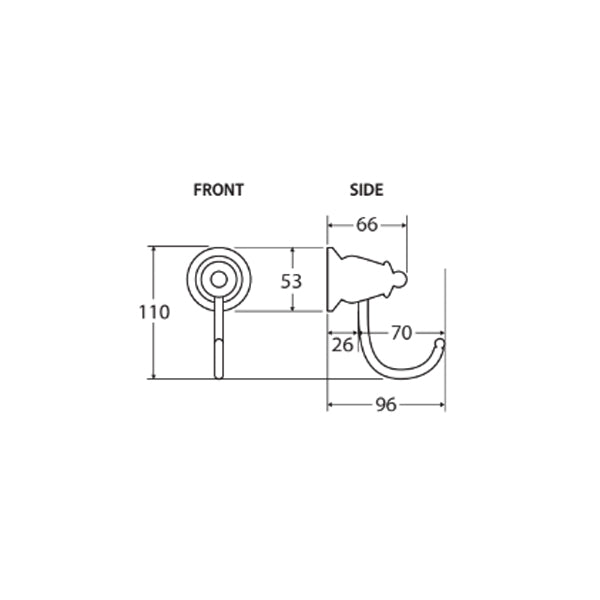 Fienza Lillian Robe Hook Matte Black Technical Drawing - The Blue Space