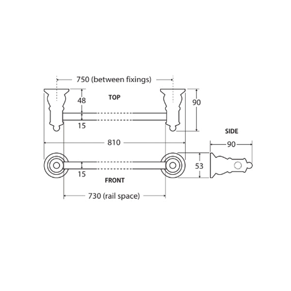 Fienza Lillian Single Towel Rail Technical Drawing - The Blue Space