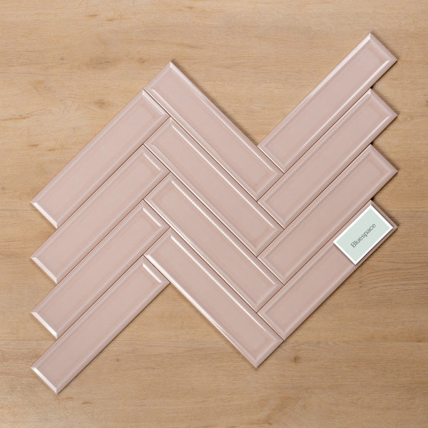 Whitehaven Pink Gloss Frame Ceramic Subway Tile 68x280mm Herringbone Pattern - The Blue Space