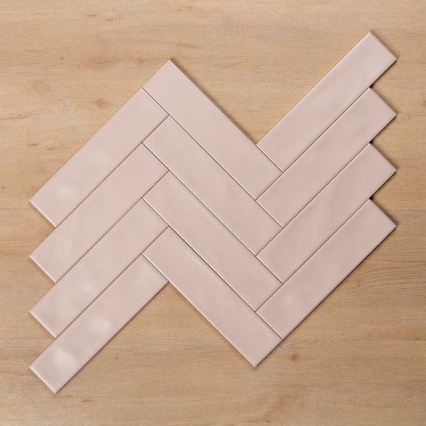 Whitehaven Pink Wavy Satin Ceramic Subway Tile 68x280mm Herringbone Pattern - The Blue Space