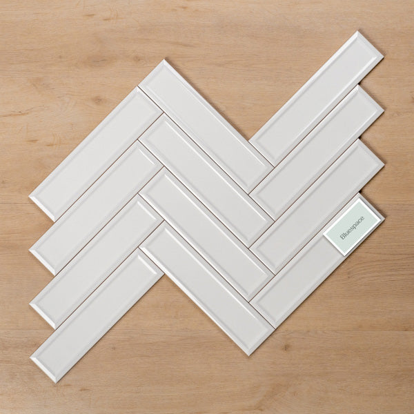 Whitehaven White Gloss Frame Ceramic Subway Tile 68x280mm Herringbone Pattern - The Blue Space
