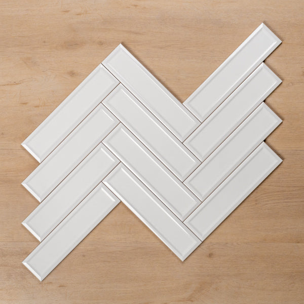Whitehaven White Gloss Frame Ceramic Subway Tile 68x280mm Herringbone Pattern - The Blue Space