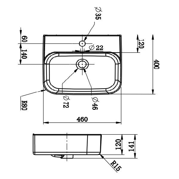 Dublin Counter Top Basin Technical Drawing - The Blue Space