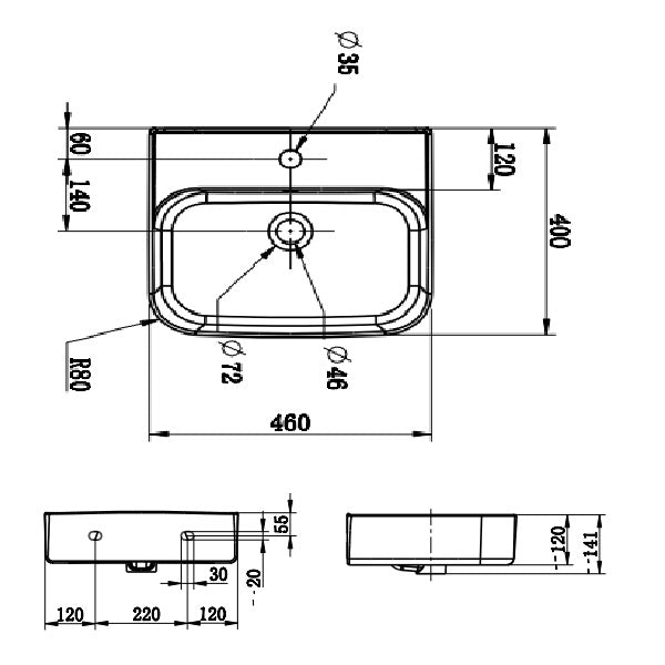 Dublin Wall Hung Basin Technical Drawing - The Blue Space