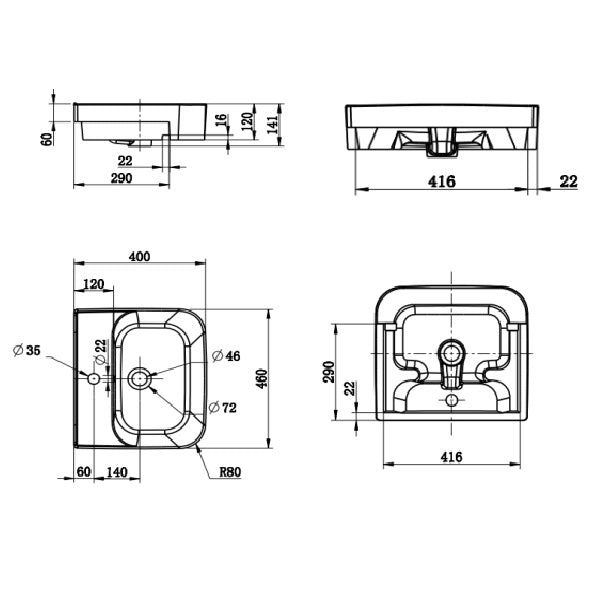 Dublin Semi-Recessed Basin Technical Drawing - The Blue Space