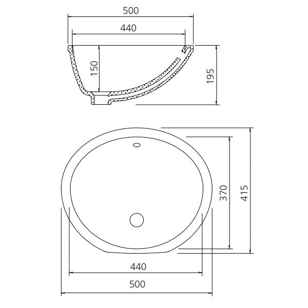 Oslo Undermont Oval Basin Technical Drawing - The Blue Space
