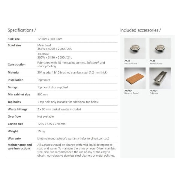 Specifications: Oliveri Apollo 1 & 3/4 bowl sink with drainer 1TH