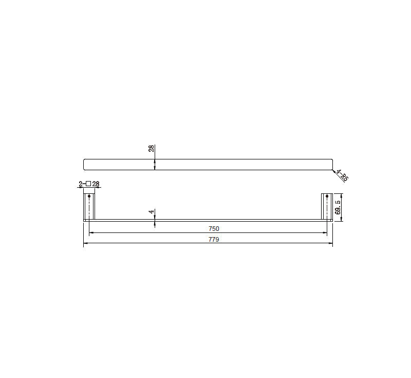 Technical Drawing: Noble Single Towel Rail Chrome 750