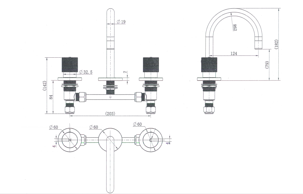 Technical Drawing: Modern National Cadence 1/4 Turn Basin Set Matte Black