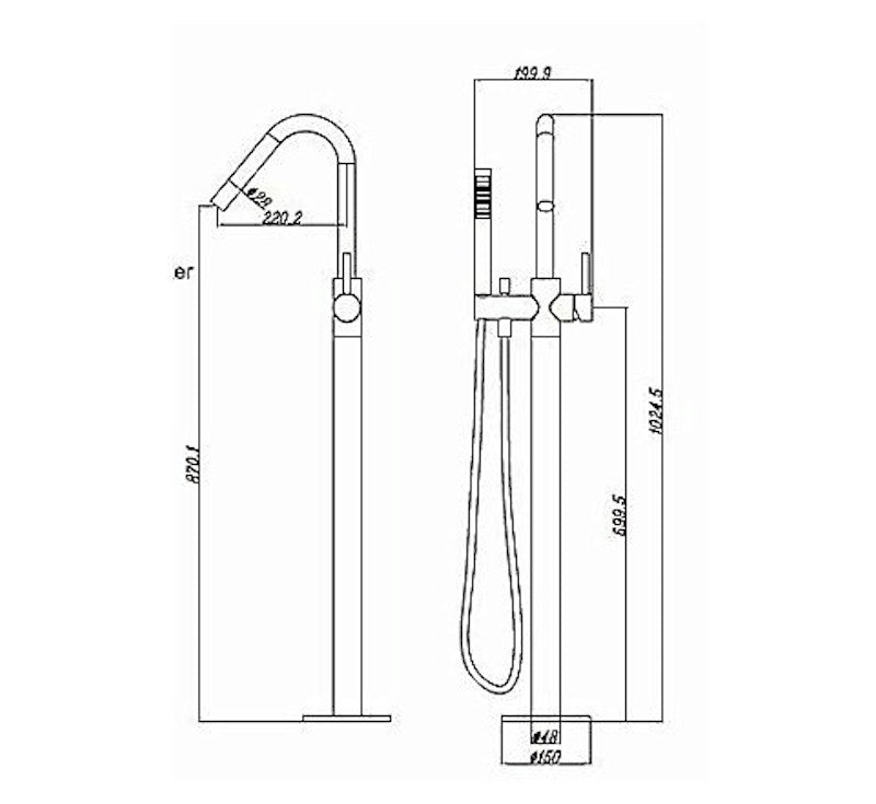 Technical Drawing: Star Round Floor Mixer with Hand Shower Matte Black