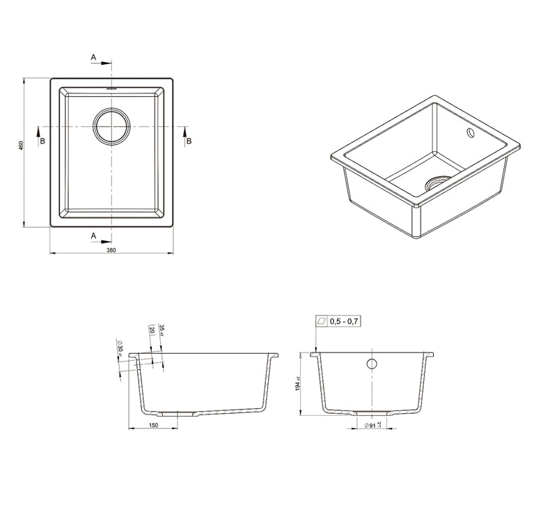 Technical Drawing: Como Single Bowl Granite Sink Black Finish - 380 x 460 x 194