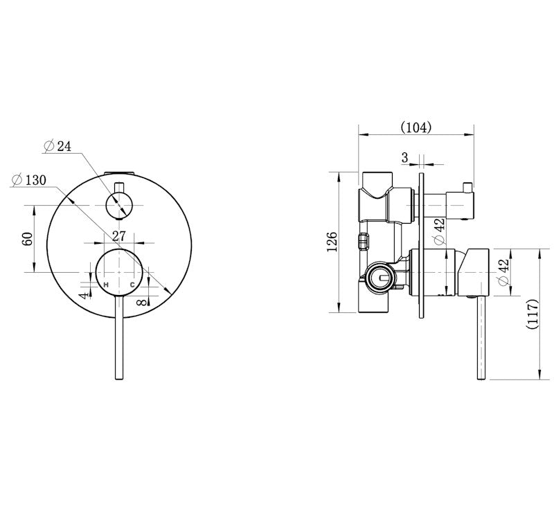 Technical Drawing: Star Mini Shower Diverter PVD Champagne